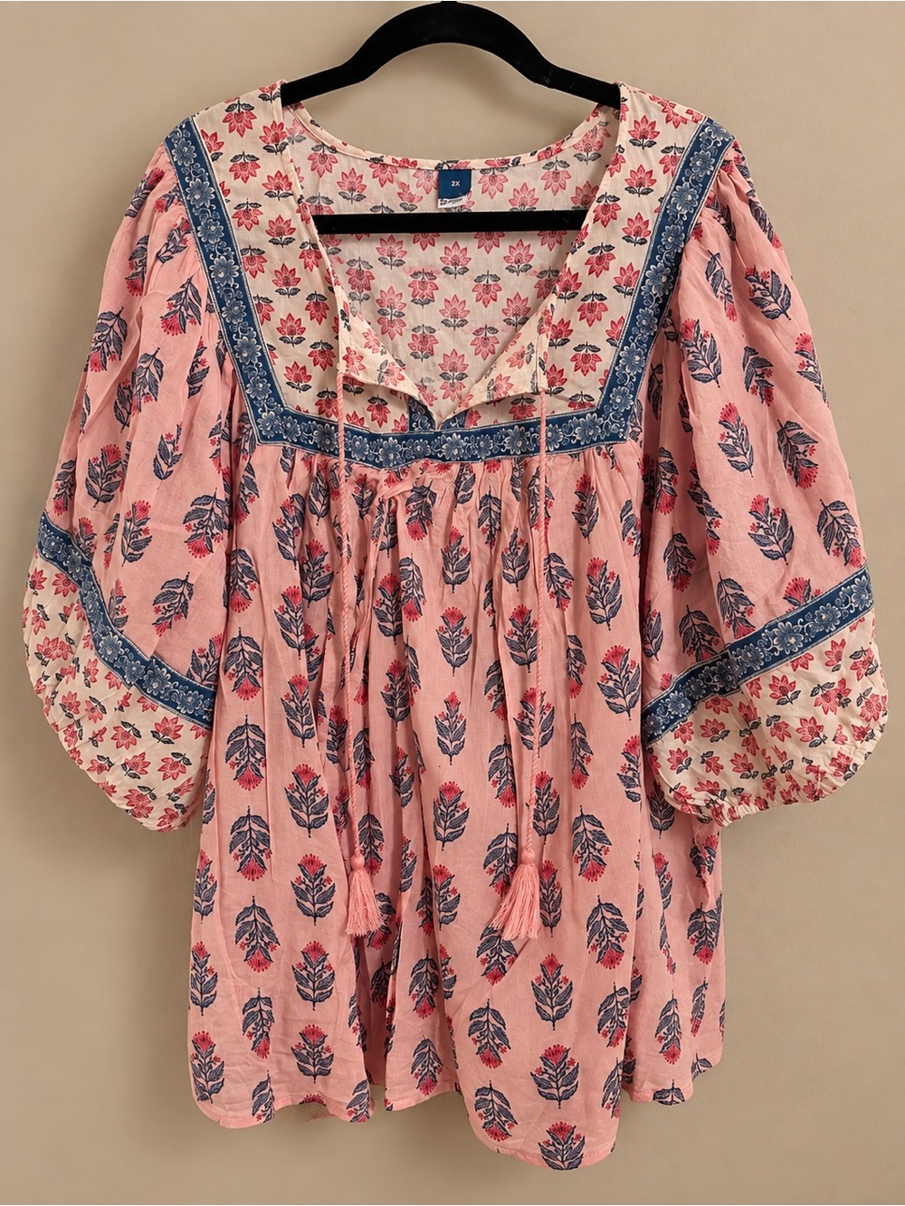 Old Navy Pink Floral Boho Peasant Tunic with Blue Trim